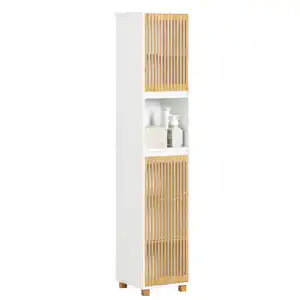 SoBuy Hochschrank, Weiß, Natur, Holzwerkstoff, Holz, 33x165x33 cm, Badezimmer, Badezimmerschränke, Hochschränke