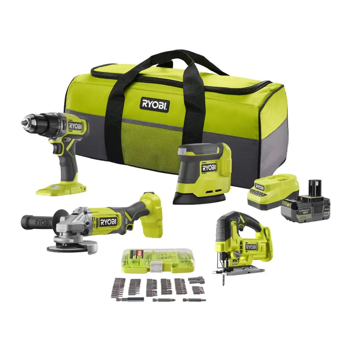 Bild 1 von Ryobi Akku-Maschinen-Set '18 V ONE+' 4-teilig inkl. 2 x 4,0 Ah Akku und Ladegerät