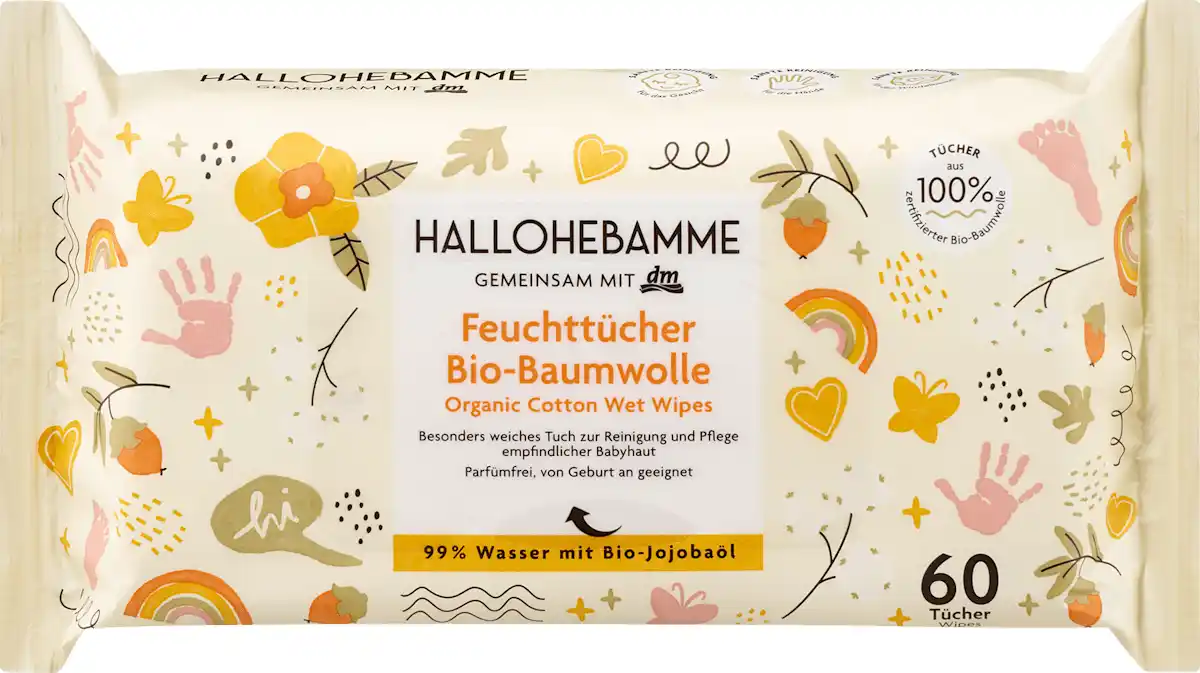 Bild 1 von HALLOHEBAMME Feuchttücher Baumwolle, 60 St