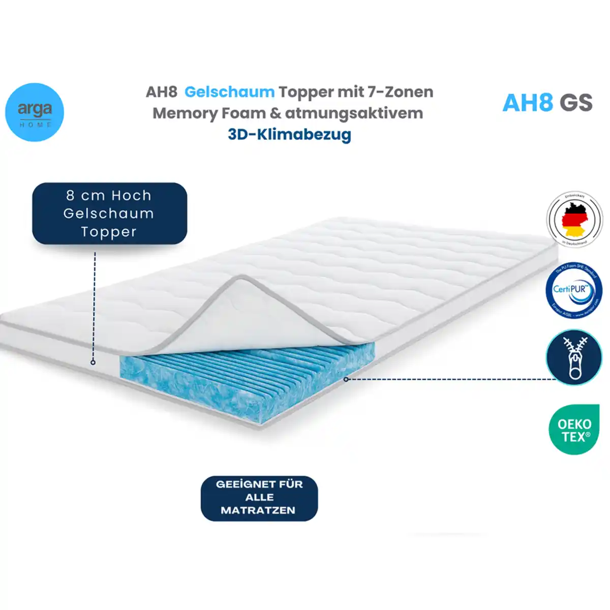 Bild 1 von Arga Home AH8  Gelschaum Topper mit 7-Zonen Memory Foam & atmungsaktivem 3D-Klimabezug