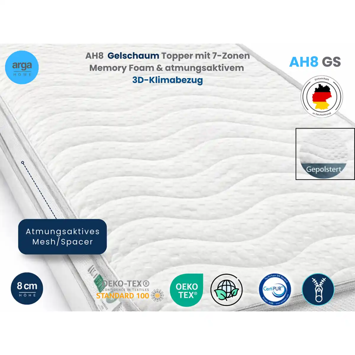 Bild 4 von Arga Home AH8  Gelschaum Topper mit 7-Zonen Memory Foam & atmungsaktivem 3D-Klimabezug