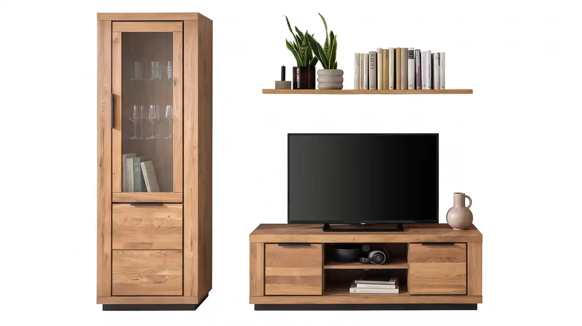 Bild 1 von Wohnzimmer-Set Wildeiche 3-teilig mit Vitrine und TV-Lowboard - GRENO