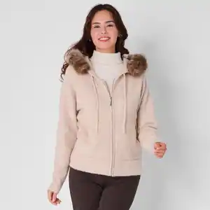 Damen-Cardigan mit Kunstfell-Kapuze