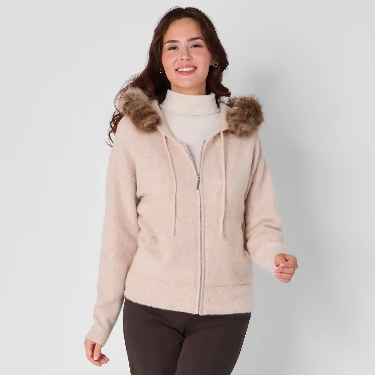 Bild 1 von Damen-Cardigan mit Kunstfell-Kapuze