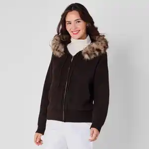 Damen-Cardigan mit Kunstfell-Kapuze