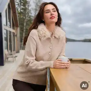 Damen-Pullover mit Kunstfell-Kragen