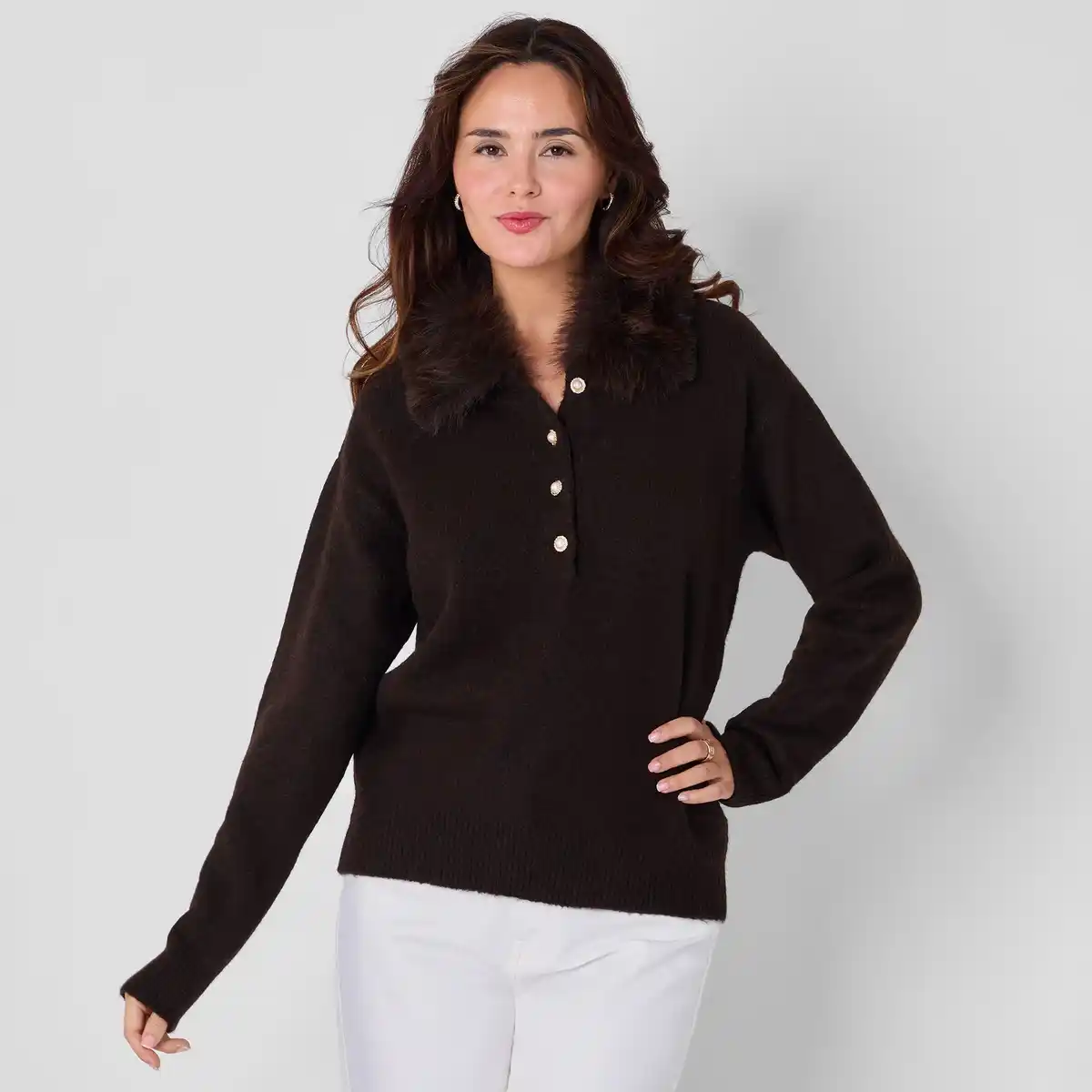 Bild 1 von Damen-Pullover mit Kunstfell-Kragen