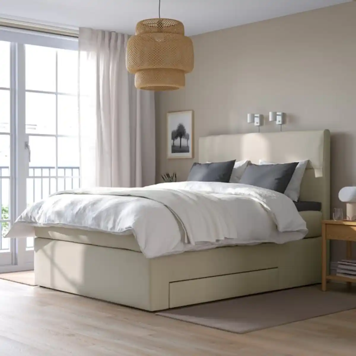Bild 3 von HEMFJÄLLET Boxspringbett mit Bettkasten, Valevåg fest/Nisseholm Odensvi hellbeige, 140x200 cm