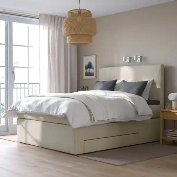 Bild 3 von HEMFJÄLLET Boxspringbett mit Bettkasten, Valevåg fest/Nisseholm Odensvi hellbeige, 140x200 cm